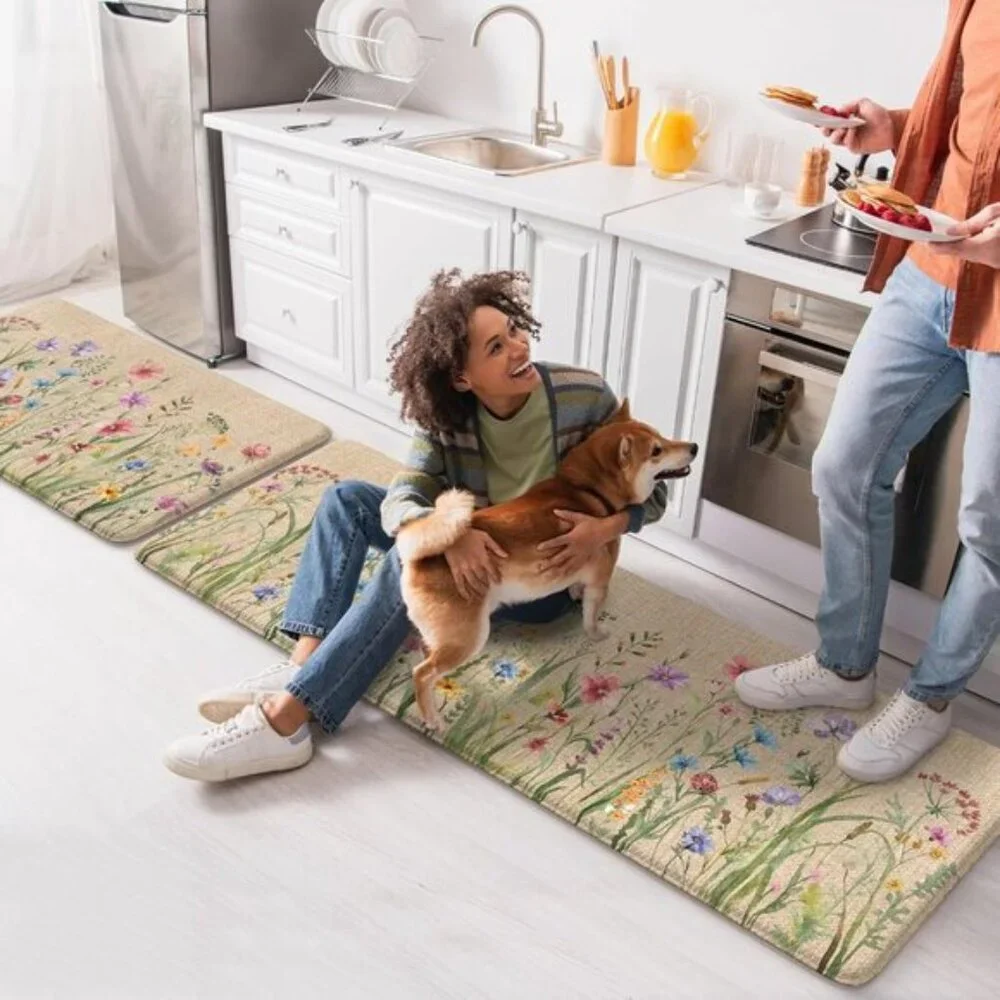 New Floral Anti-Fatigue Kitchen Mat Set, Non-Slip Cushioned Farmhouse Rugs